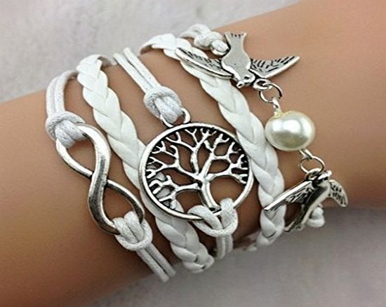 SheClub Wax Rope Braided White Bracelet, Infinity/ Infinity Wish / Birds Swallow with White Pearl Bead/ Wish