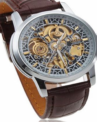 SHENHUA Mens Auto Self Wind Mechanical Hollow Engraving Brown PU Leather Strap Steampunk Bracelet Wrist Watch