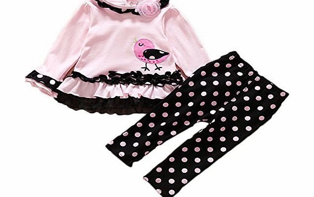 Shiningapartment Cute Baby Girl Autumn Spring Cotton Long Sleeve Clothing Set (Pink Bird, 12-18 months)