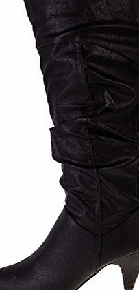 Shoebou Ladies Black Leather Look Mid Scoop Heel Knee High Slouch Boots UK 5, EU 38