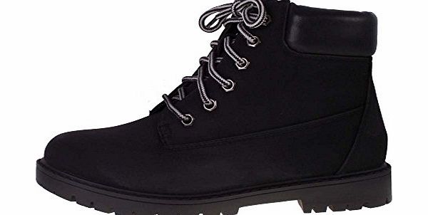 Shoebou Ladies Black Nubuck Leather Look Cleated Sole Flat Lace Up Ankle Boots 6