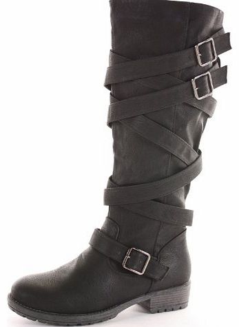 ShoeFashionista Ladies Flat Winter Biker Style Low Heel Calf High Leg Knee Boots Black Size 8