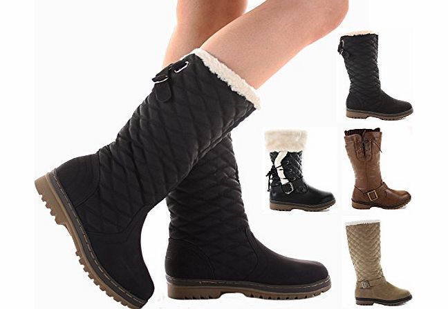 ShoeFashionista Ladies Flat Winter Fur Snow Low Heel Calf High Leg Knee Boots Black Size 4