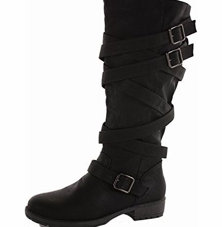 ShoeFashionista Style A Black Size 6 - Ladies Flat Winter Biker Style Low Heel Calf High Leg Knee Boots