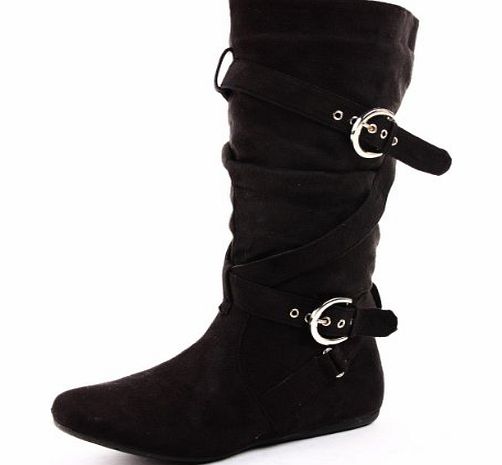 ShoeFashionista Style A Black Suede Size 6 - Ladies Flat Winter Biker Style Low Heel Mid Calf High Leg Knee Boots