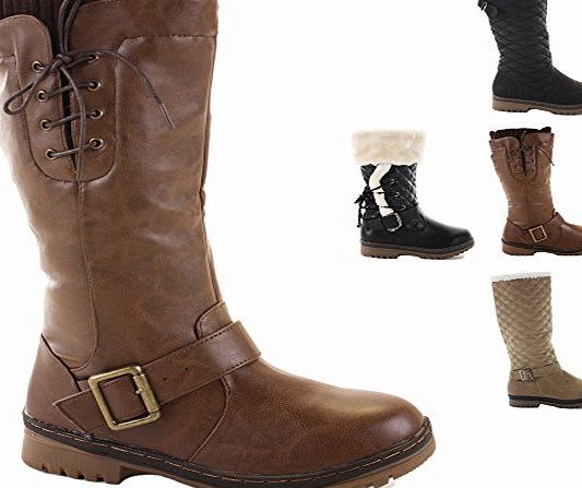 ShoeFashionista Style D Tan Size 8 - Ladies Flat Winter Fur Quilted Snow Low Heel Calf High Leg Knee Boots New