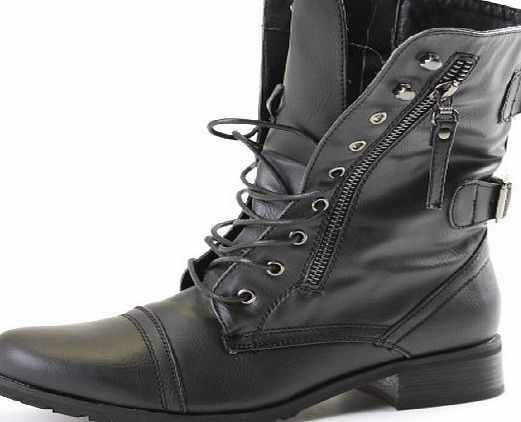 ShoeFashionista Womens Military Style Army Combat Lace Up Ankle Worker Boots Size 3 4 5 6 7 8 With Shoefashionista Boutique Bag (Black Pu) (5 UK / 38 EU)