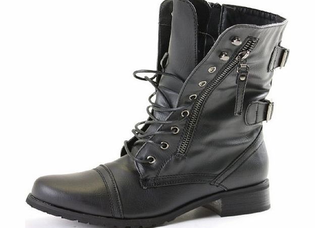 Womens Military Style Lace Up Ladies Army Worker Ankle Boots Black Matt Size 6