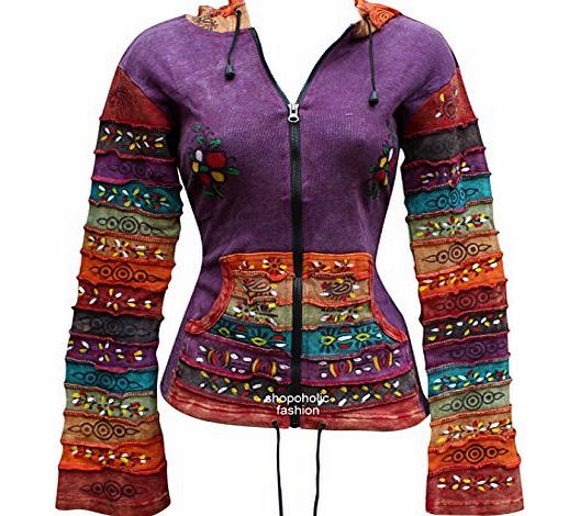 SHOPOHOLIC FASHION Acid washed multicolor patchwork hoodie, rainbow striped sleeve hippy jacket,boho (s/m, purple)