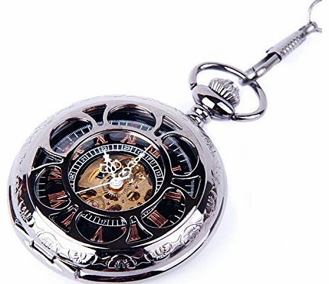 Skeleton Black Pocket Watch Chain Mechanical Hand Wind Half Hunter Vintage Look Value Quality - PW19