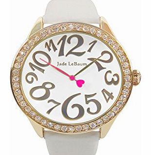 ShoppeWatch Womens White Leather Strap Watch Large Face Easy Read Mod Designer Jade LeBaum JB202757G