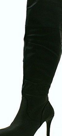 SHU CRAZY Womens Ladies Faux Leather Over The Knee High Zip Up High Heel Slouch Boots - G82 (6, BLACK FAUX LEATHER)