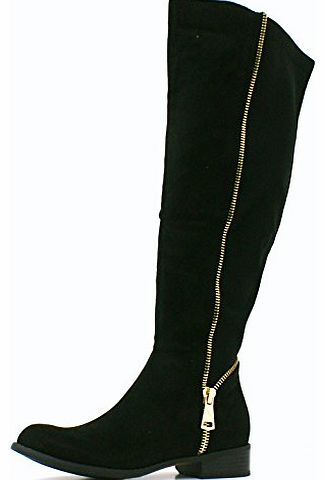Womens Ladies Faux Suede Gold Zip Detail Knee High Low Heel Zip Up Elastic Lycra Stretch Riding Boots - F7 (5, BLACK FAUX SUEDE)