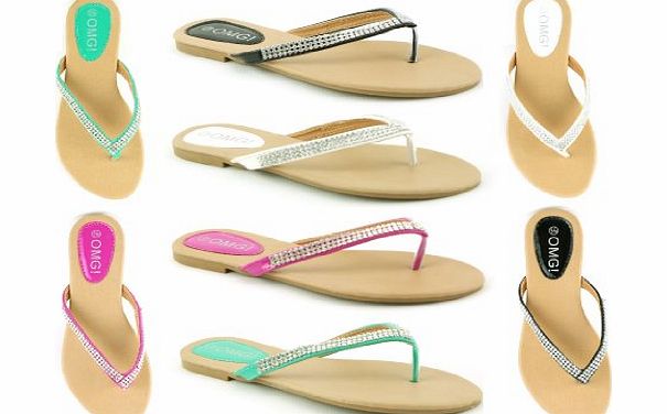 Shuzee LADIES WOMENS NEW FLAT TOE POST DIAMANTE SUMMER BEACH SLIP ON SANDALS SHOES SIZE
