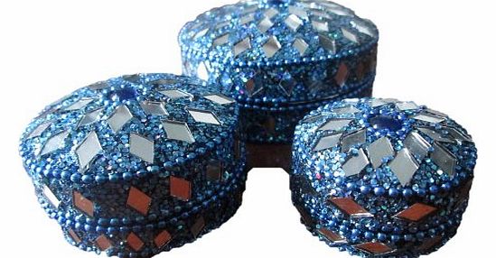 SI Set Of 3 Hand Crafted Nested Mirrored amp; Beaded Trinket Pots (Blue)