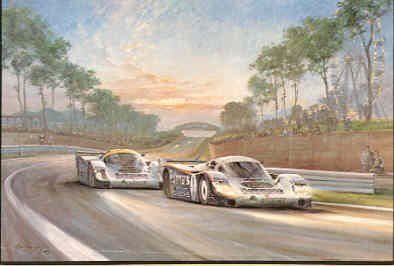 Alan Fearnley - Sunset at Le Mans Print Signed by Berek Bell and Hans Stuck - Print Shipped in prot