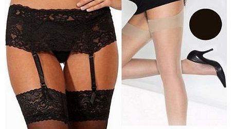 Silky Wide Lace Suspender Black and Stockings By Silky Cindy - Black Medium