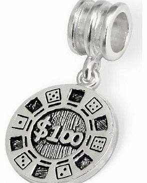 Silvadore - Silver Bead - $100 Lucky Chip Casino Gambling Game Dice Money - 925 Sterling Charm 3D Slide On 679- Fits Pandora European Bracelet - Free Gift Boxed