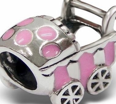 Silvadore - Silver Bead - Buggy Tram Stroller New Born Baby Girl Spotty Stripes PINK - 925 Sterling Charm 3D Slide On 706 - Fits Pandora European Bracelet - Free Gift Boxed