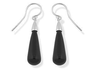 silver and Onyx Elongated Drop Hook Wire Earrings 060738