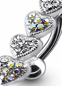 Silver Belly Bars Multi Color Crystal Stone Trendy 4 Heart Design 925 Sterling Silver with Stainless Steel Belly Bars