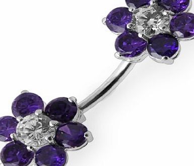 Silver Belly Bars Purple Jeweled Twin Flowers Double Side Silver Belly Bars