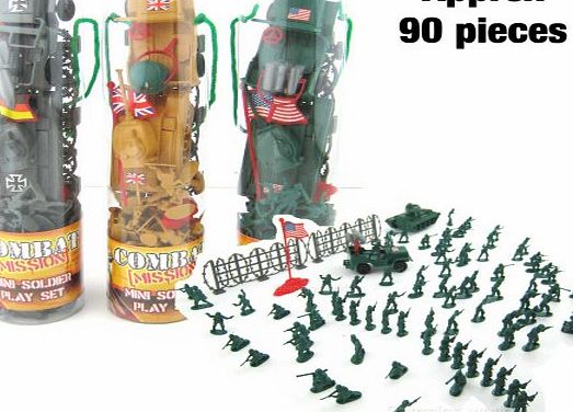 Toy Soldiers, 3 Sets with British, American and German Figures. Each Set Includes Jeep, Tank, Flag and Fences.