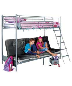 silver Bunk Bed with Black Futon and Protector Mattress