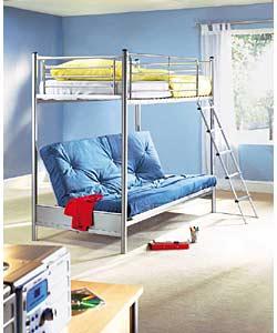 silver Bunk Bed with Blue Futon and Protector Mattress