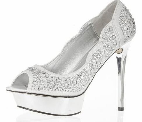 SILVER Diamante Platform Peep Toe Shoes