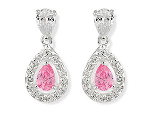silver Peardrop Pink and Clear Cubic Zirconia Drop Earrings 061278