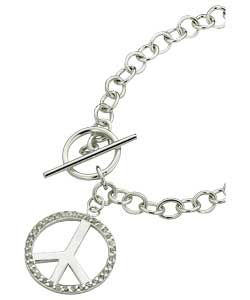 silver Plated Cubic Zirconia Peace Sign Charm Bracelet