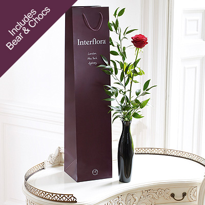 single Rose with teddy bear and heart chocolates