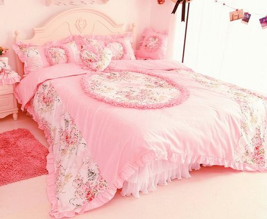 Sisbay Delicate Girls Princess Bedding, Fresh Rural Lace Duvet Cover, Rose Flower Wedding Bed Set, Falbala Fairyfair Korean Style