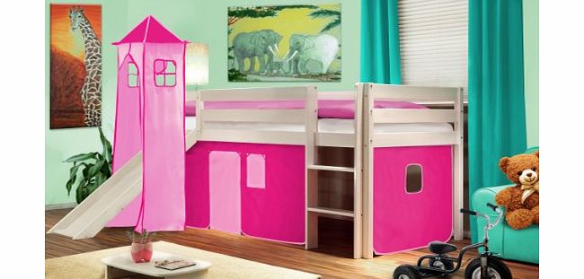 SixBros. Kids Childrens Loft Bed With Tower and Slide Solid Pine Wood White - Pink - SHB/15/1032