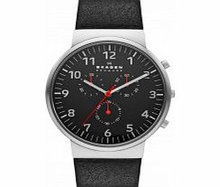 Skagen Mens Ancher Black Leather Chronograph Watch