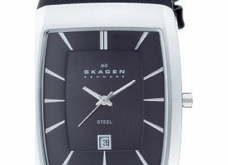Skagen Mens Watch 690LSLB with Black Leather Strap and Silver Dial