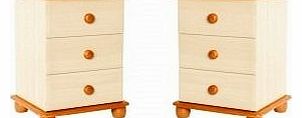 Pair Bedside Chest 3 Drawer Cabinet Pine & Cream Two Tone Bedside Table Bun Feet