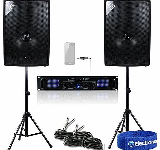 2x Skytec 15`` Speakers Power Amplifier Stands Cables DJ Disco Party PA System Amp 1600W