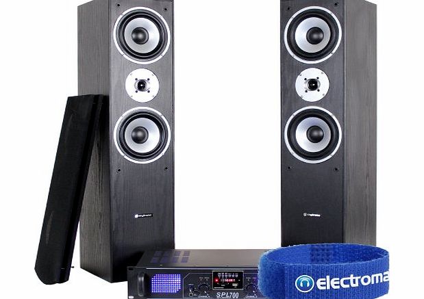 2x Skytronic Black 6.5`` Hi-Fi Speakers + Amplifier + Cables Cinema System 700W