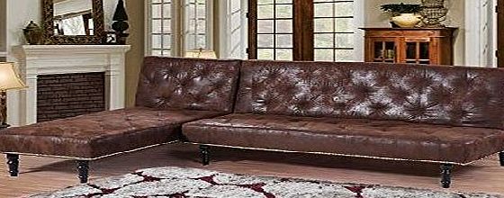 Sleep Design New Victorian Antique Style Brown Faux Leather Suede L Shaped Corner 4 Seater Charles Sofa Bed With Universal Chaise Longue