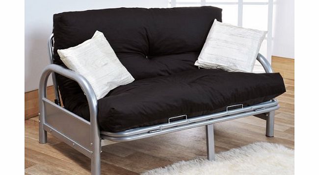 2 Seater Silver Tri-fold Futon Sofa Bed with shredded Reflex Foam Flakes Futon Mattress in Various Colours (Black Futon Mattress)