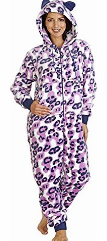 Slenderella Ladies Large Pink Luxury Soft Fleece Leopard Print Hooded with Ears Onesie Jumpsuit