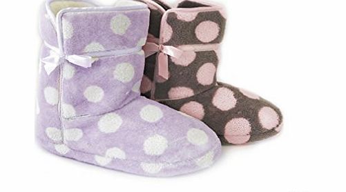 Slumberzz Ladies Womens Girls Polka Dot Winter Summer Slipper Boots with Bow - Lilac and Brown with Pink Size UK 3/4, 5/6, 7/8 - FT372 (UK 5-6, Brown / Pink)