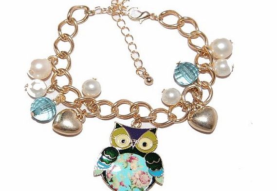 Small Island Floral Print Owl Gold Tone Bracelet with Multiple Charms (Supplied in a Gift Pouch) Unique Jewellery