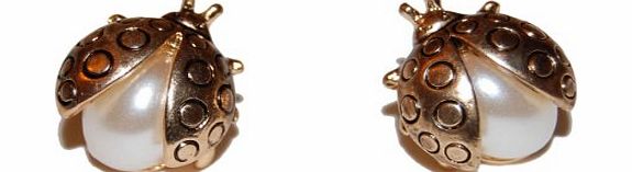 Small Island Ladybird/Ladybug Anqitue Gold with 925 Sterling Silver Post Stud Earrings with Faux Pearls Cute and Unusual (Gift Pouch Included)