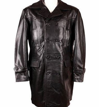 Smart Range Mens UBOAT LONG Black German WW2 UBoat Reefer Genuine Cowhide Leather Jacket Coat (XL)