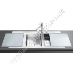 Ultra Low Profile Double Bowl Sink with Silver Glass Chopping Boards - Left Hand Drainer