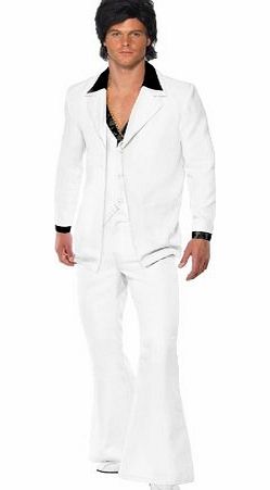 Smiffys 1970s Suit Costume Jacket with Mock Shirt and Waistcoat Trousers (White)