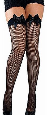 Black Fishnet Thigh Highs With Black Bow - Adult Accessory